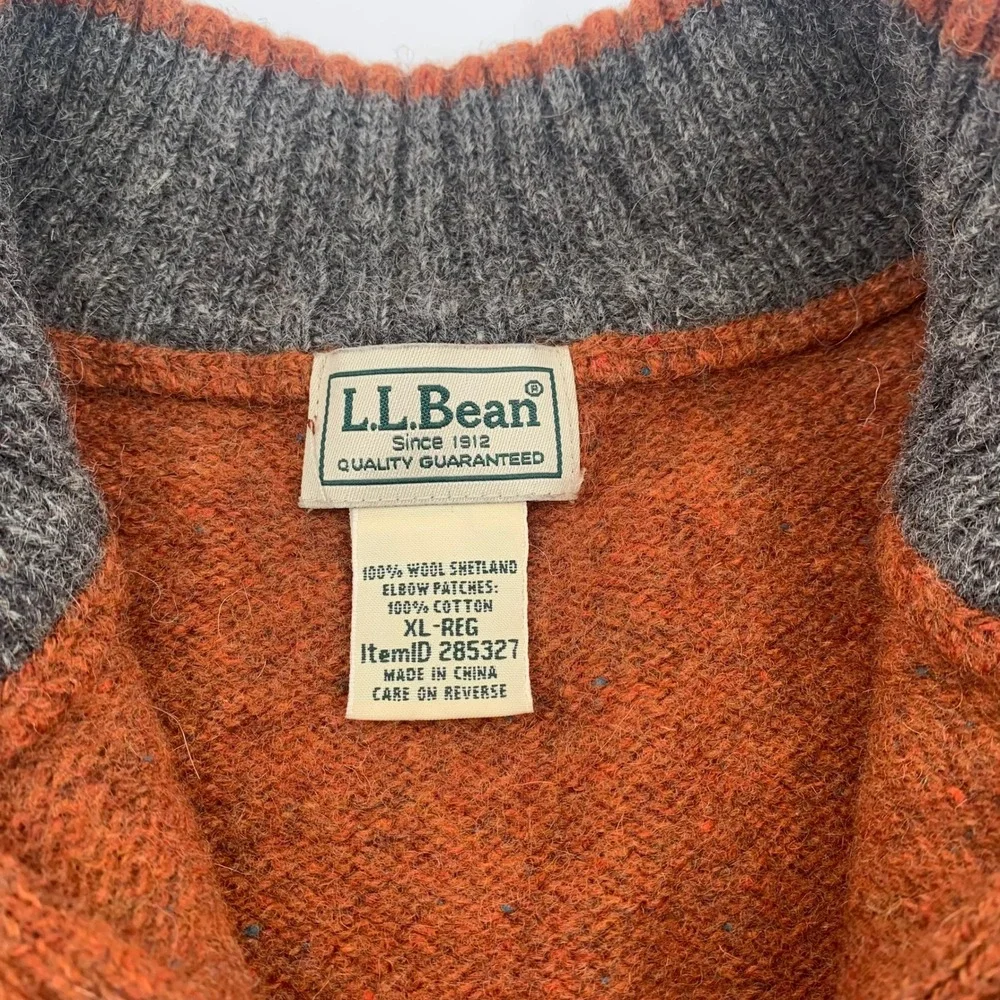 LL Bean Shetland Wool Quarter Zip Mens XL Orange Excellent Elbow Patches 285327